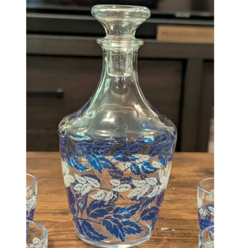 Vintage MCM Blue Silver Leaf Cordial Decanter & Shot Glass Set Luminarc France